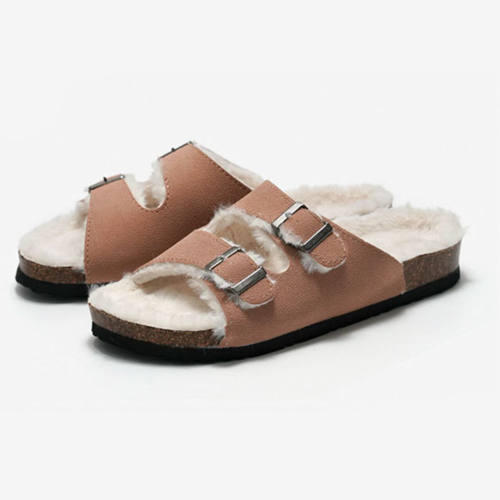 Autunno Inverno Nuove Pantofole In Pile Pantofole Da Donna In Sughero Sandali Da Uomo Caldi Pantofole A Punta Aperta Con Doppia Fibbia In Pelle Scamosciata Per Esterni