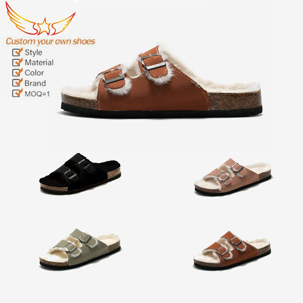 Autunno Inverno Nuove Pantofole In Pile Pantofole Da Donna In Sughero Sandali Da Uomo Caldi Pantofole A Punta Aperta Con Doppia Fibbia In Pelle Scamosciata Per Esterni